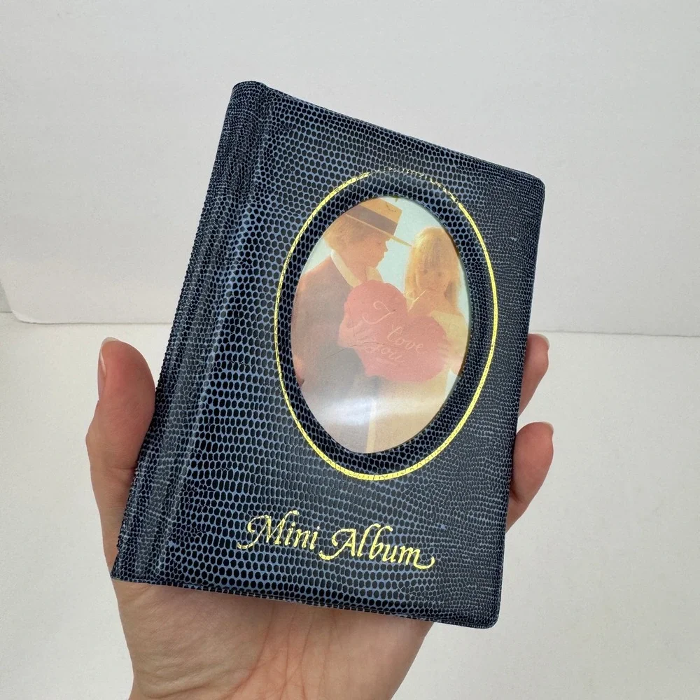 Small Vtg Blue Black Reptile Scale Faux Leather Photo Pic Album Gold Accents